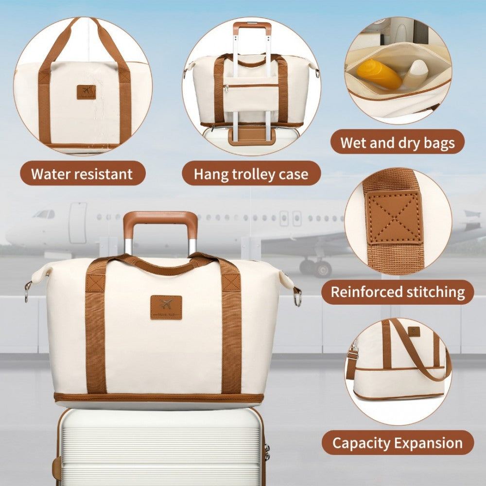 K2392L+S2366 - BRITISH TRAVELLER 20 INCH MULTI-TEXTURE POLYPROPYLENE CABIN SIZE SUITCASE 3 PIECE TRAVEL SET WITH TRAVEL TOTE AND COSMETIC POUCH - CREAM