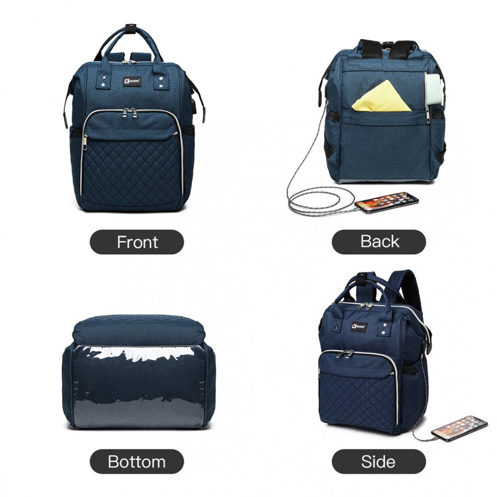 E6705USB - KONO PLAIN WIDE OPENING BABY NAPPY CHANGING BACKPACK WITH USB CONNECTIVITY - NAVY