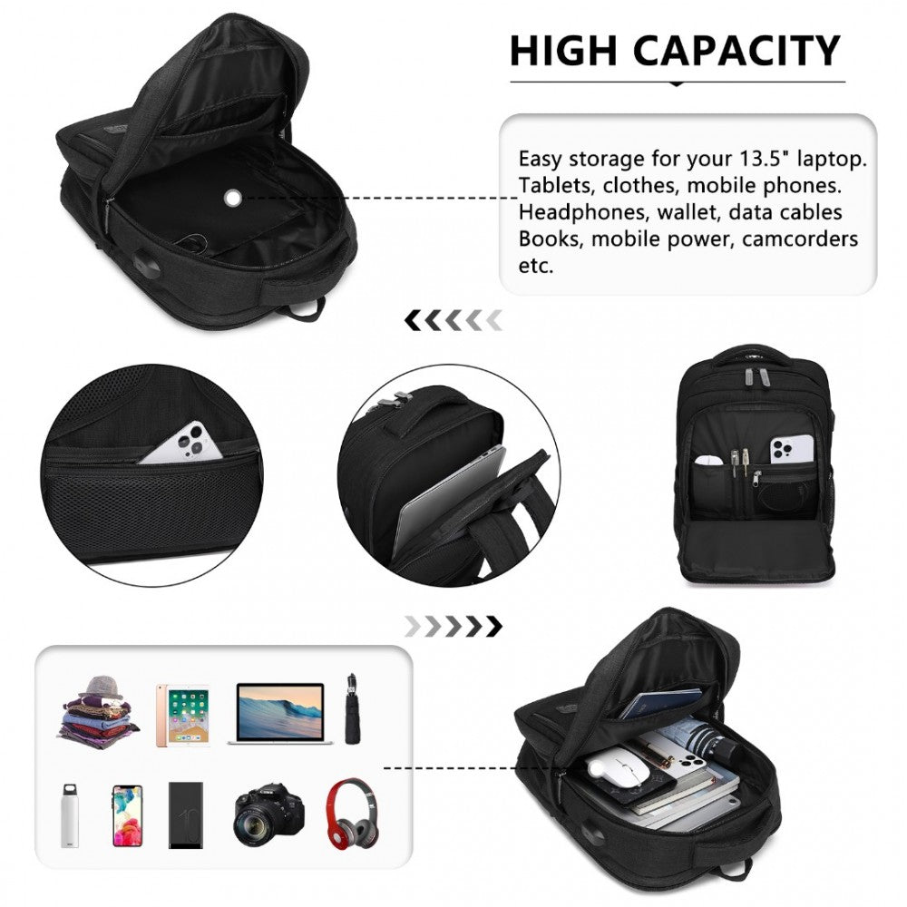 EM2111S - KONO MULTI-COMPARTMENT BACKPACK WITH USB PORT - BLACK