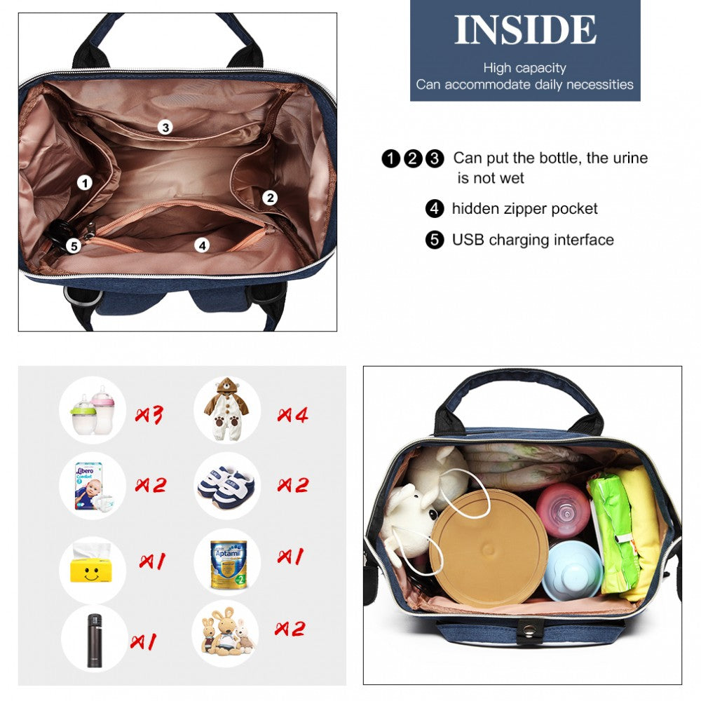 E6705USB - KONO PLAIN WIDE OPENING BABY NAPPY CHANGING BACKPACK WITH USB CONNECTIVITY - NAVY