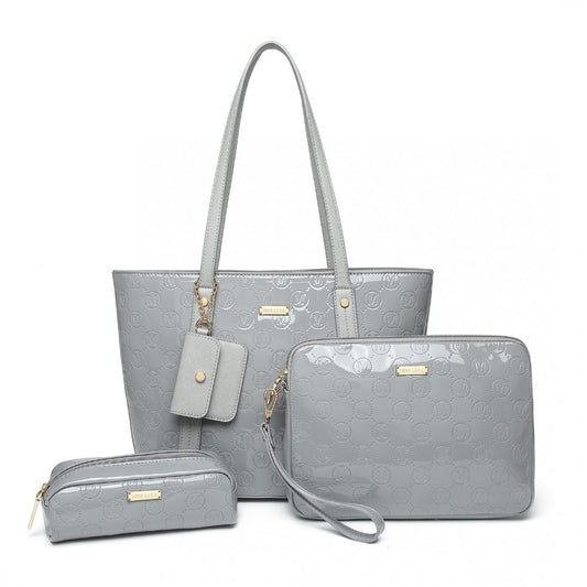 LD2217 - MISS LULU 4 PIECES GLOSSY LEATHER TOTE BAG SET - GREY