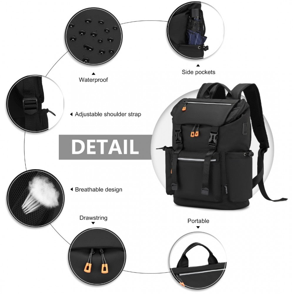 EQ2404 - KONO ADVANCED LEISURE BACKPACK WITH REFLECTIVE SAFETY FEATURES USB CHARGING AND DEDICATED LAPTOP SLEEVE - BLACK