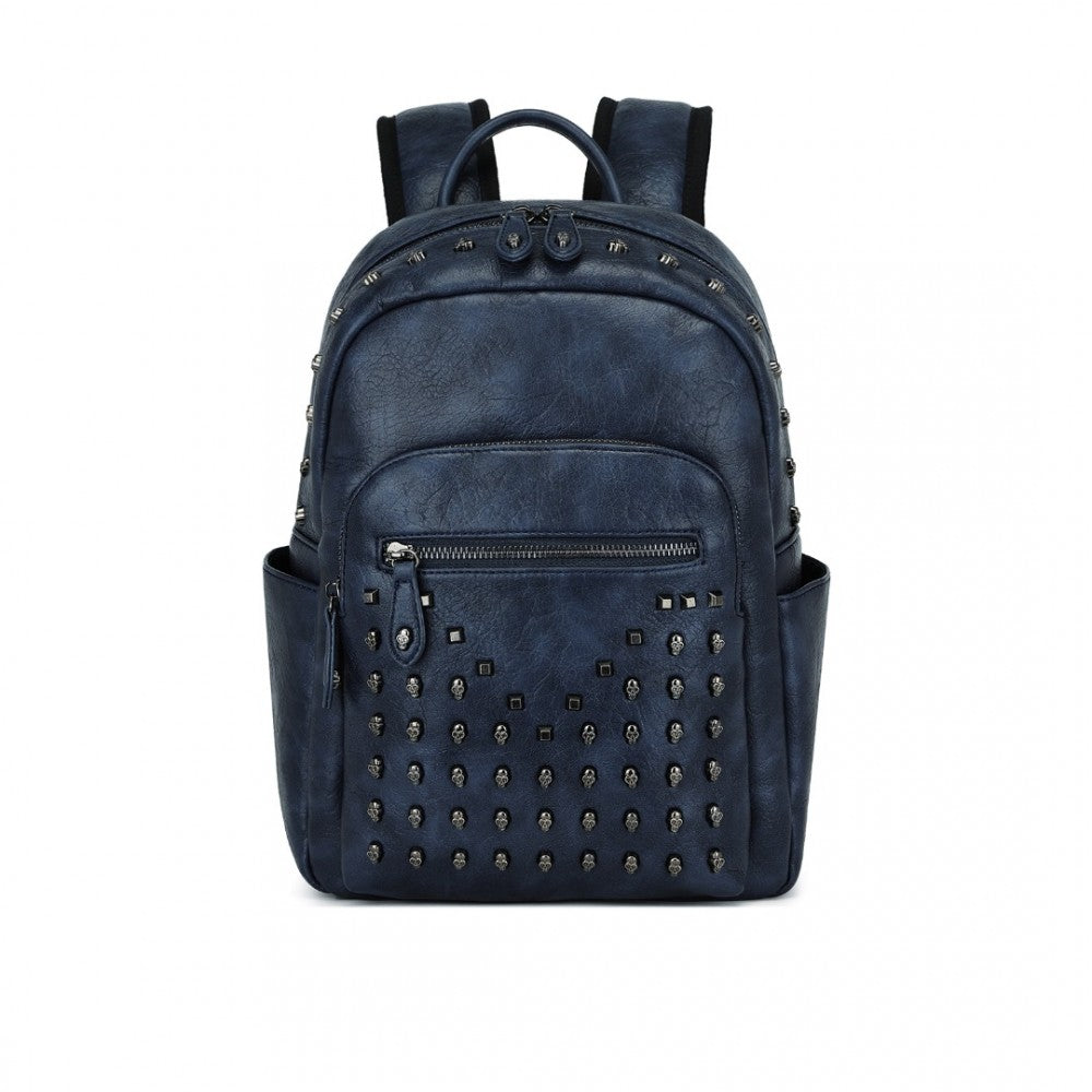 LG2414 - MISS LULU FASHION PU LEATHER SKULL STUDDED BACKPACK DESIGNER URBAN CHIC ROCK STYLE STYLISH CITY BACKPACK WITH DETAILED STUDS - NAVY