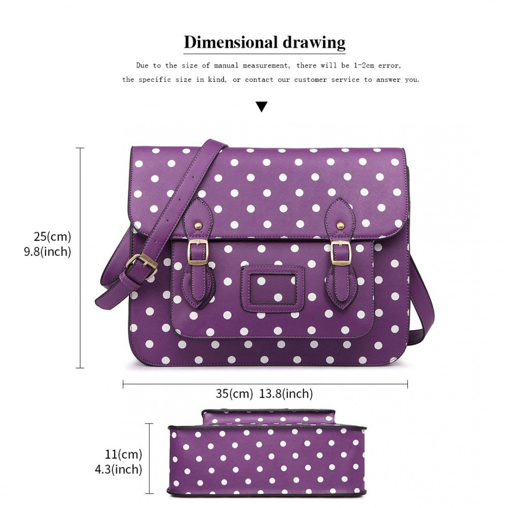 LT1665D2 - MISS LULU POLKA DOT LEATHER LOOK SCHOOL WORK SATCHEL PURPLE