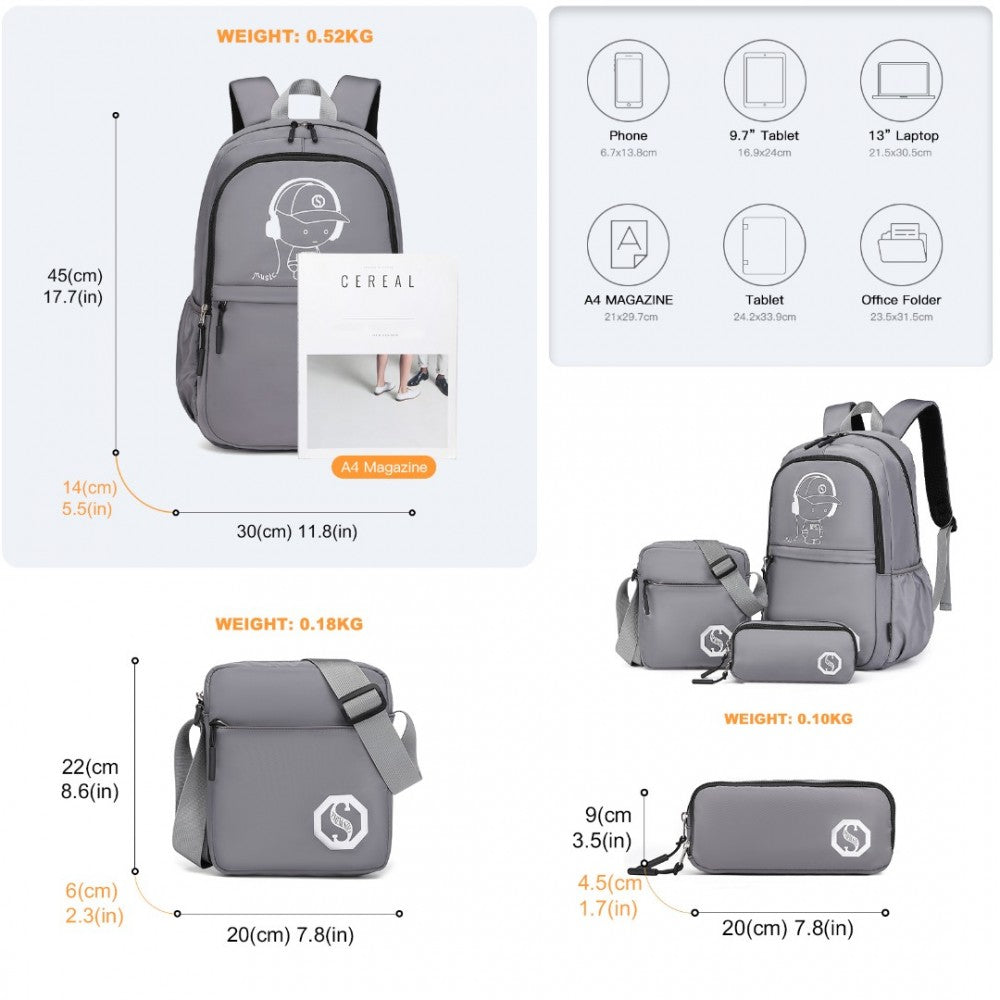 EB2363 - KONO LIGHTWEIGHT & GLOW-IN-THE-DARK 3-PIECE LAPTOP BACKPACK SET WITH CROSSBODY BAG AND PENCIL CASE - GREY