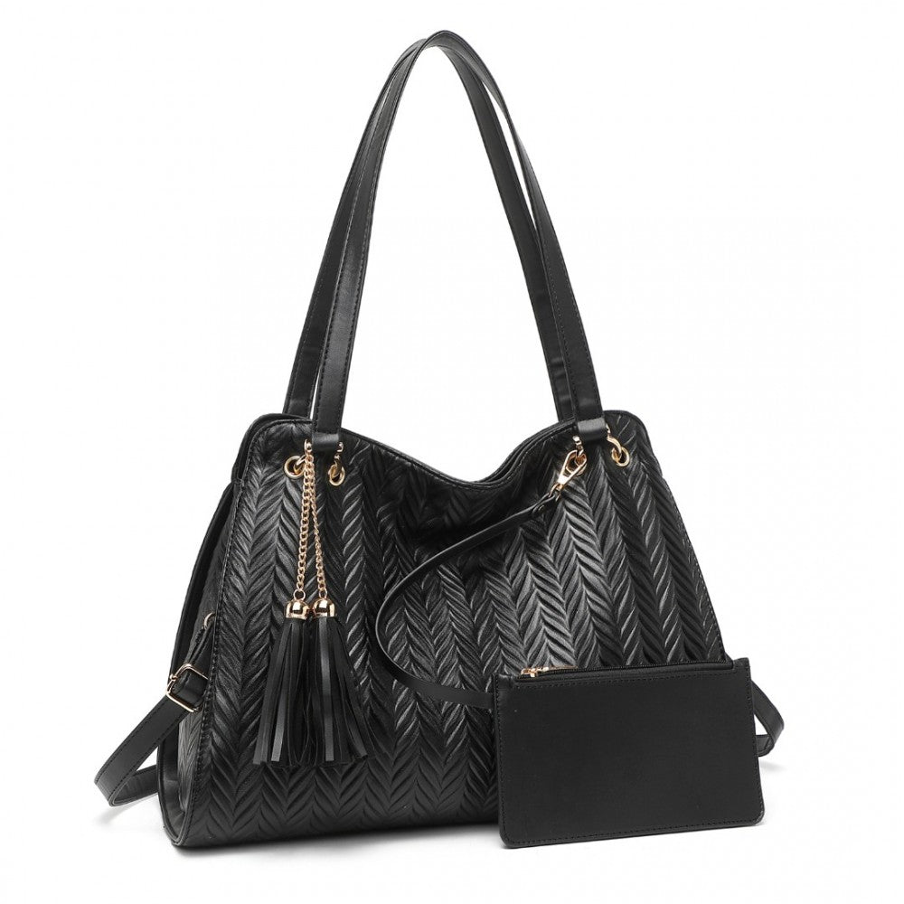 LG2339 - MISS LULU CHIC EMBOSSED TOTE WITH TASSEL DETAIL AND CARD POUCH - BLACK