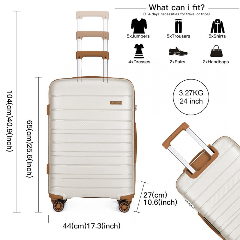 K2091L - KONO 24 INCH MULTI TEXTURE HARD SHELL PP SUITCASE - CLASSIC COLLECTION - CREAM