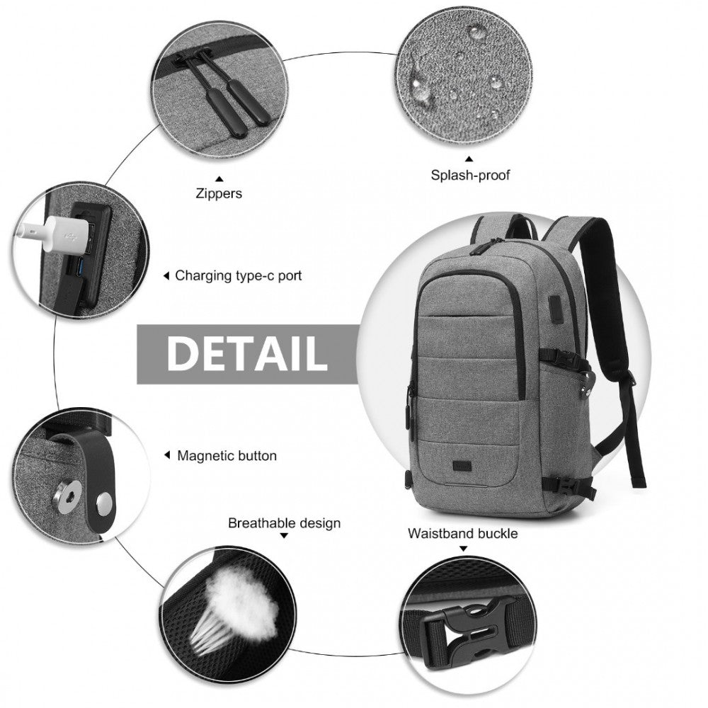 EM2347 - KONO MULTI-COMPARTMENT WATER-RESISTANT BACKPACK WITH USB CHARGING PORT - GREY