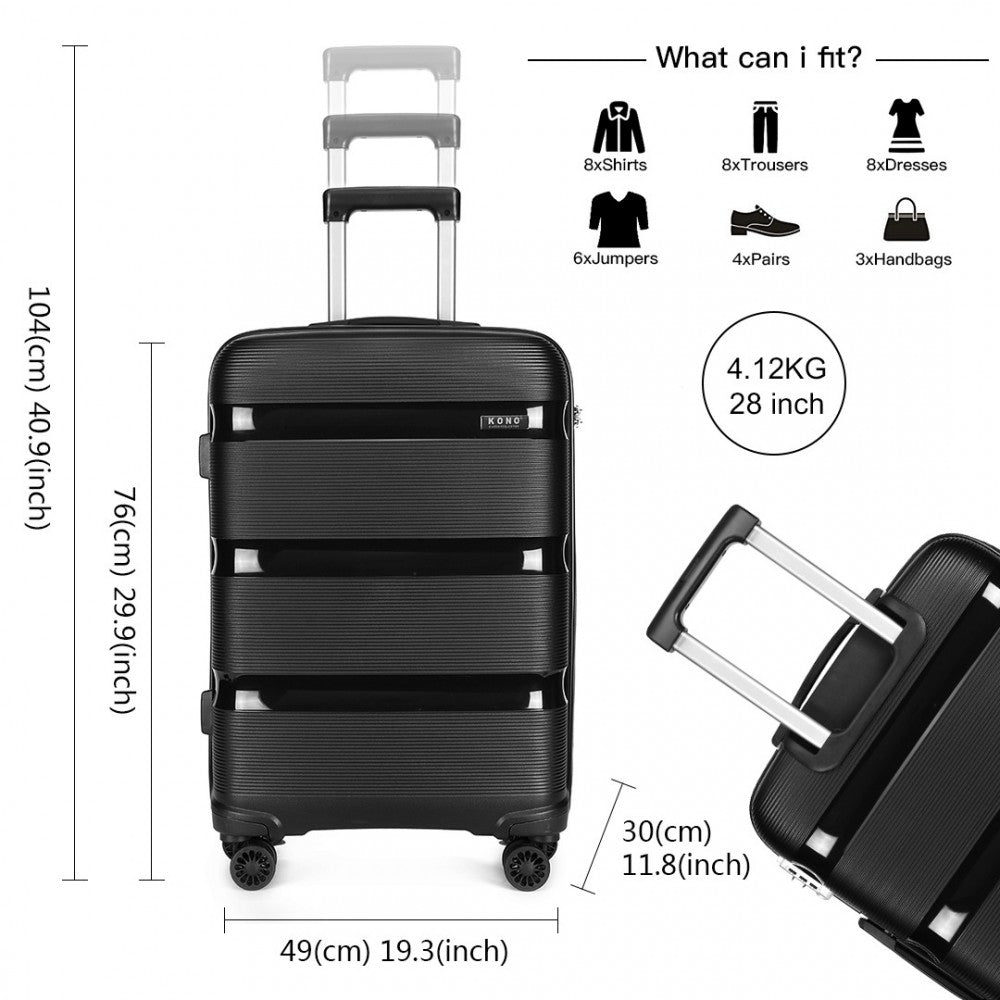 K2092L - KONO BRIGHT HARD SHELL PP SUITCASE 3 PIECES SET - CLASSIC COLLECTION - BLACK