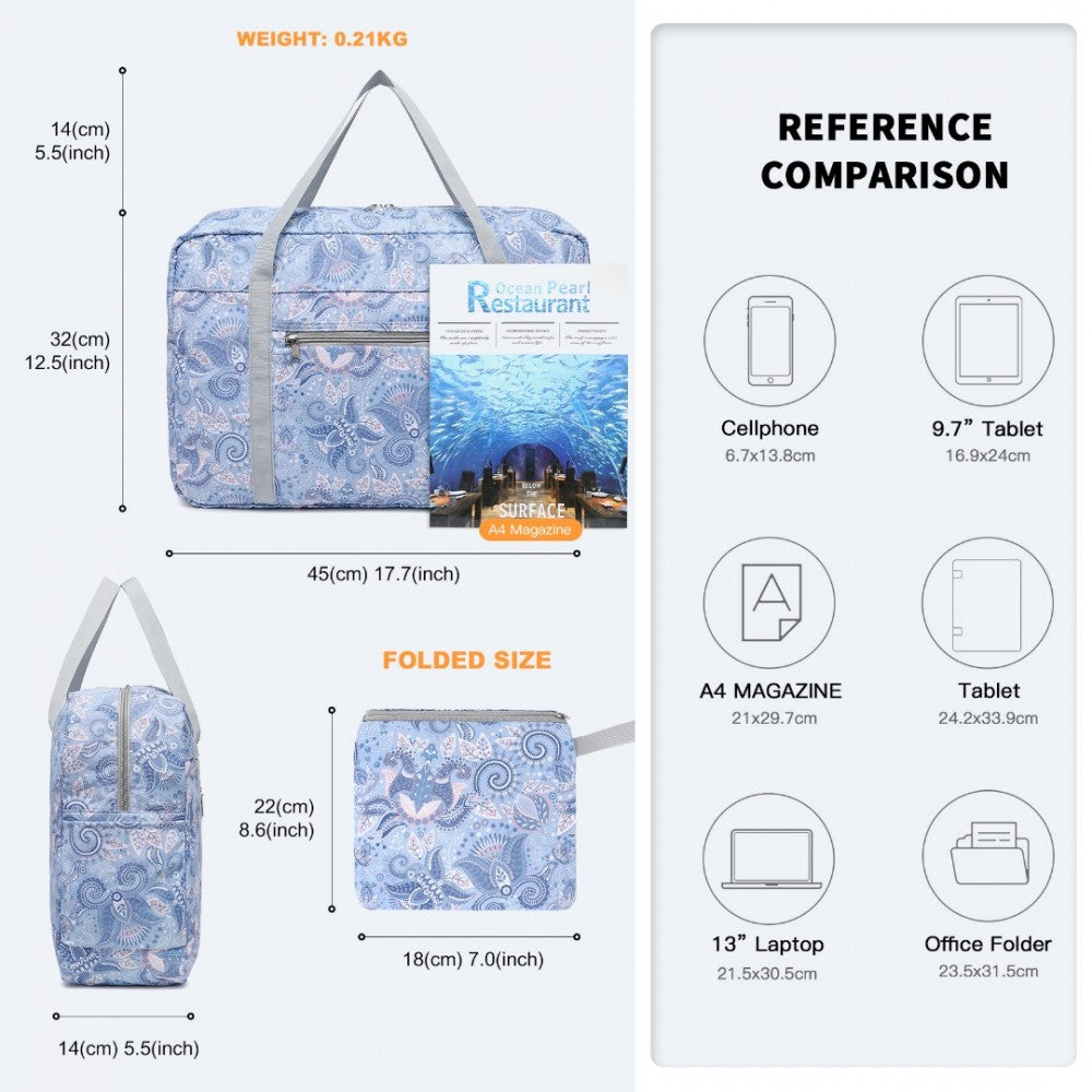 EQ2308P - KONO FOLDABLE WATERPROOF STORAGE CABIN TRAVEL HANDBAG PRINT - LIGHT BLUE