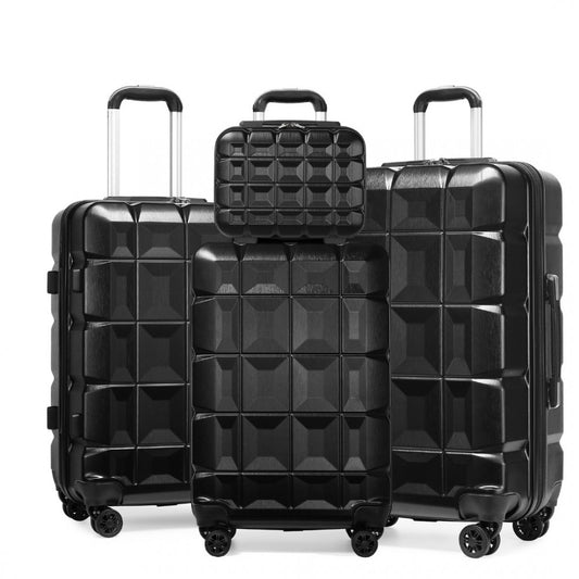 K2292L - KONO LIGHTWEIGHT HARD SHELL ABS SUITCASE WITH TSA LOCK AND VANITY CASE 4 PIECE SET - BLACK