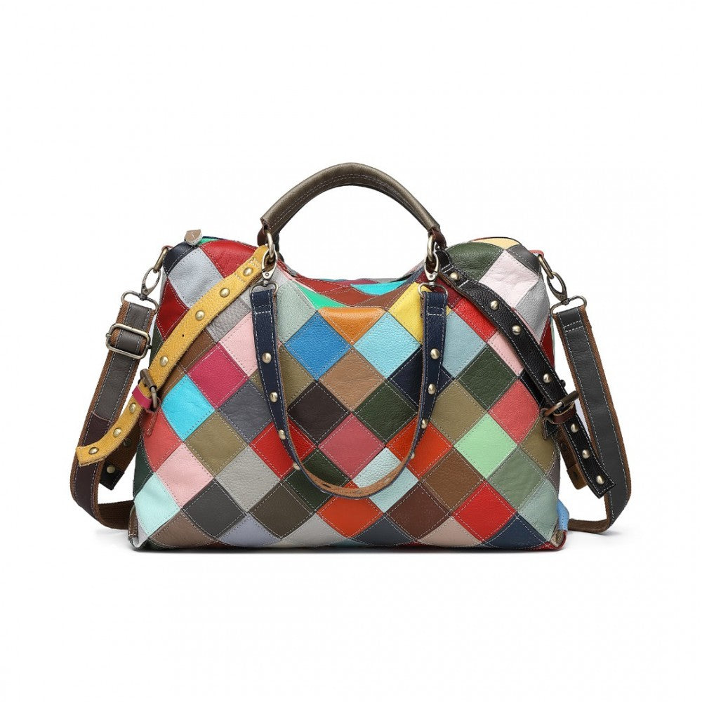 L2331 - MISS LULU GENUINE LEATHER EXQUISITE PATCHWORK COLOUR HANDBAG - MULTI COLOUR