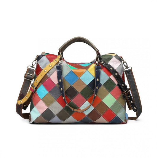 L2331 - MISS LULU GENUINE LEATHER EXQUISITE PATCHWORK COLOUR HANDBAG - MULTI COLOUR