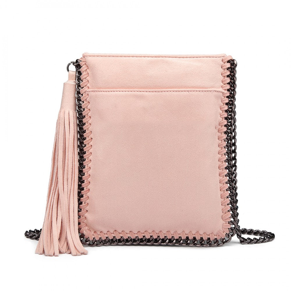 E6845 - MISS LULU LEATHER LOOK CHAIN SHOULDER BAG WITH TASSEL PENDANT - PINK