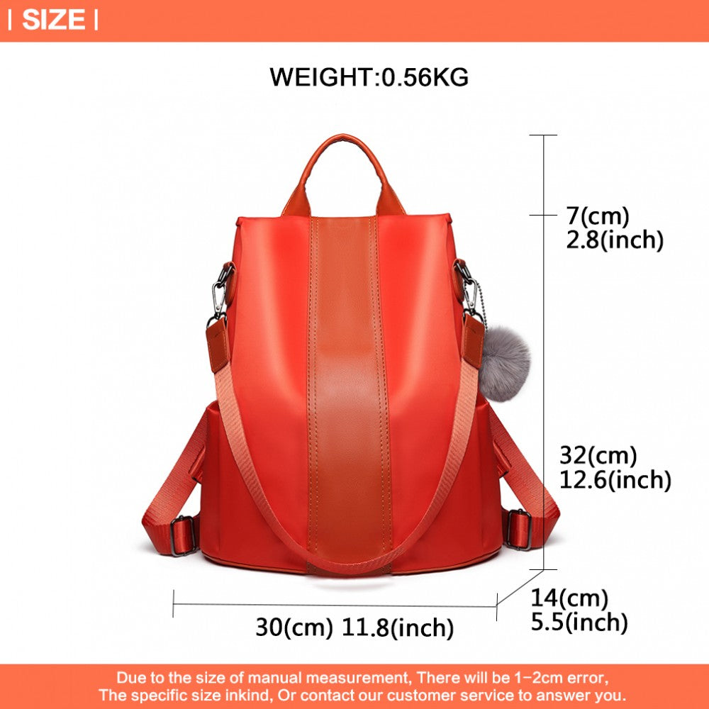 LG1903 - MISS LULU TWO WAY BACKPACK SHOULDER BAG WITH POM POM PENDANT - ORANGE