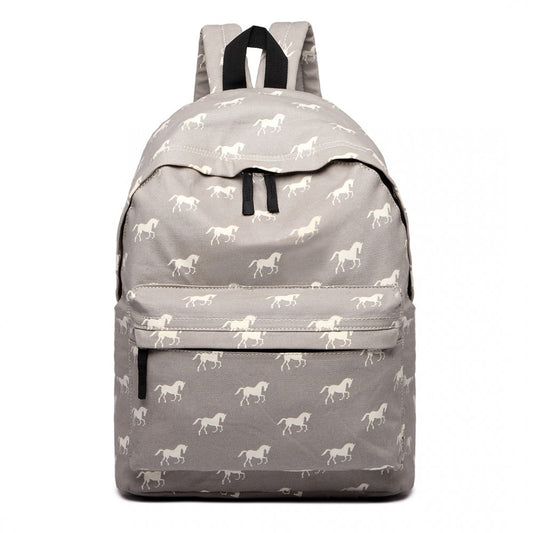 E1401H - MISS LULU HORSE-PRINT COTTON CANVAS SCHOOL BACKPACK - GREY