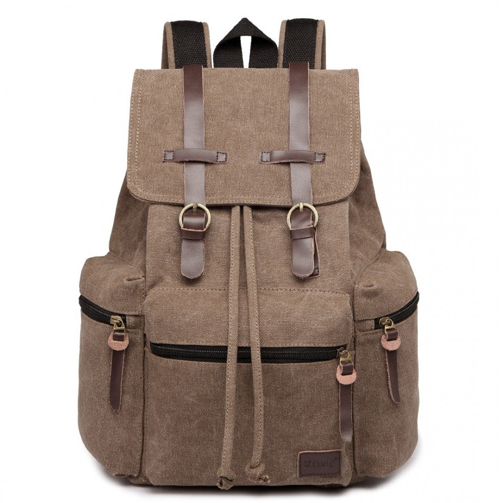 E1672 - KONO LARGE MULTI FUNCTION LEATHER DETAILS CANVAS BACKPACK - COFFEE