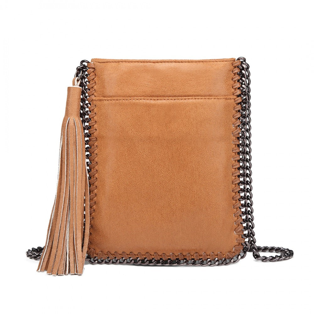 E6845 - MISS LULU LEATHER LOOK CHAIN SHOULDER BAG WITH TASSEL PENDANT - BROWN