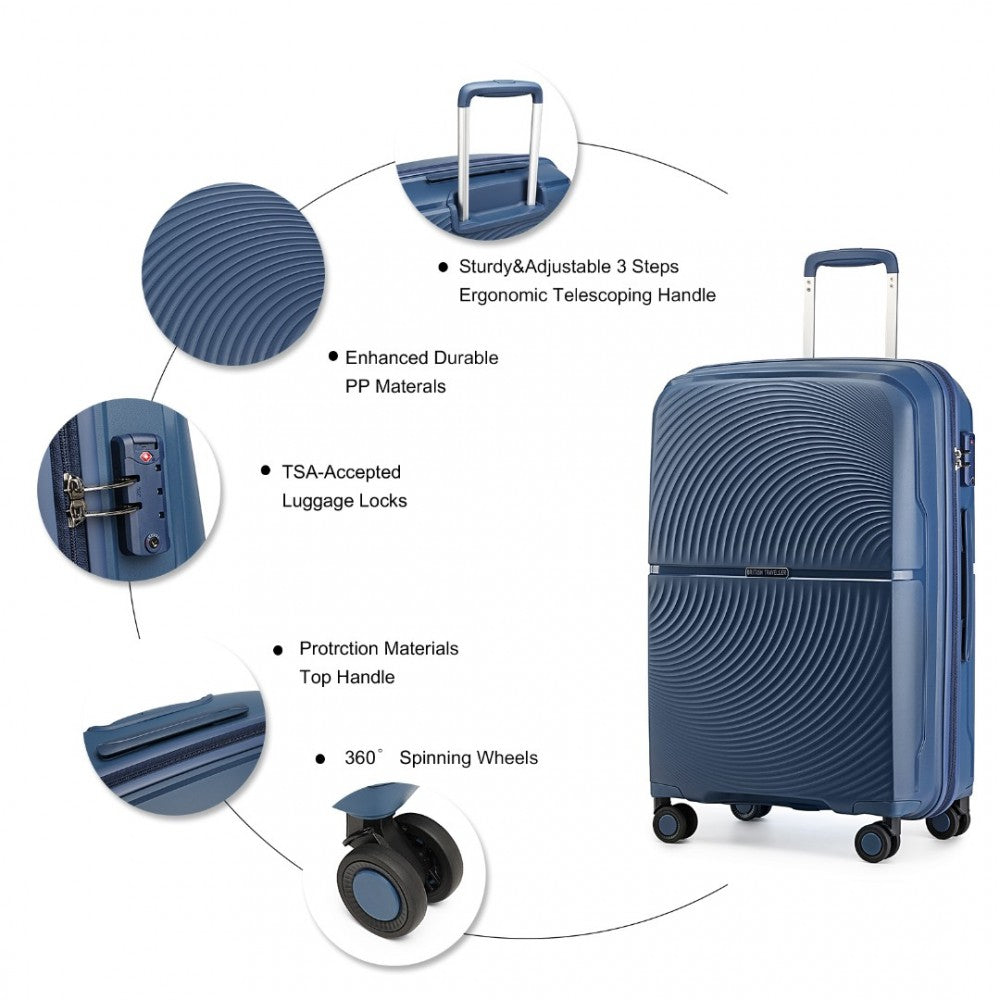 K2393L - BRITISH TRAVELLER 4 PCS SET SPINNER HARD SHELL PP SUITCASE WITH TSA LOCK AND VANITY CASE - NAVY