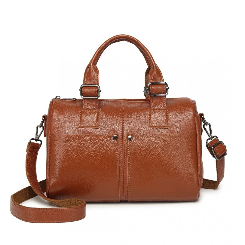 L2332 - MISS LULU PERFECT FUSION OF GENUINE AND PU LEATHER WOMEN'S TOTE CROSSBODY BAG - BROWN