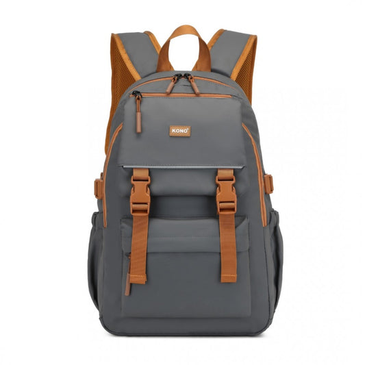 EQ2416 - KONO PVC COATED URBAN WATER-RESISTANT BACKPACK WITH REFLECTIVE SAFETY STRAPS AND MULTI-COMPARTMENT DESIGN - GREY AND BROWN