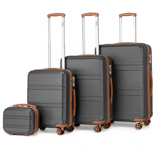 K1871-1L - KONO ABS SCULPTED HORIZONTAL DESIGN 4 PCS SUITCASE SET WITH VANITY CASE - GREY AND BROWN