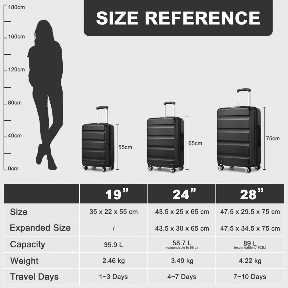 KSK2482 - KONO 28 INCH EXPANDABLE HORIZONTAL ENGRAVED HARD SHELL ABS+PC CHECK-IN SUITCASE WITH TSA LOCK - BLACK - The Baggage Shop