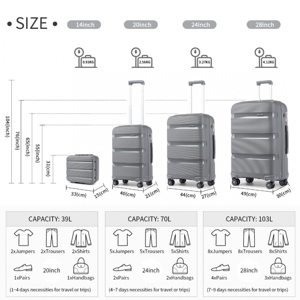 K2092L - KONO BRIGHT HARD SHELL PP SUITCASE WITH TSA LOCK AND VANITY CASE 4 PIECES SET - CLASSIC COLLECTION - GREY