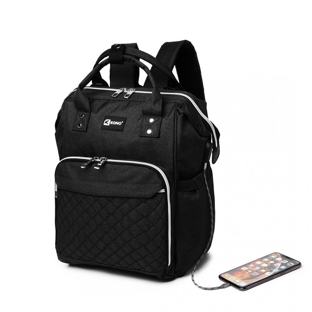 E6705USB - KONO PLAIN WIDE OPENING BABY NAPPY CHANGING BACKPACK WITH USB CONNECTIVITY - BLACK