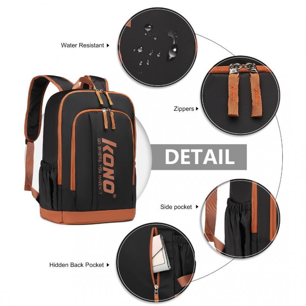 EB2325 - KONO CONTRASTING COLORS WATERPROOF CASUAL BACKPACK WITH LAPTOP COMPARTMENT - BLACK