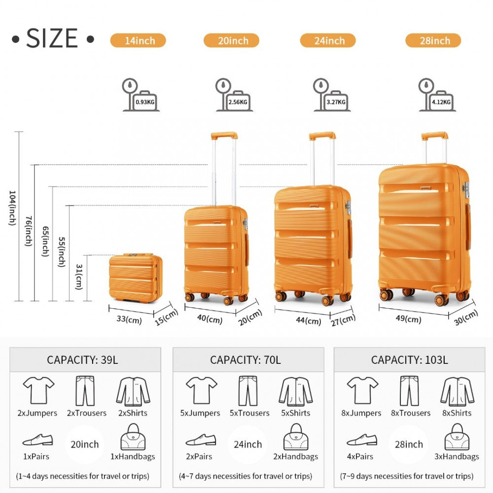 K2092L - KONO BRIGHT HARD SHELL PP SUITCASE WITH TSA LOCK AND VANITY CASE 4 PIECES SET - CLASSIC COLLECTION - ORANGE