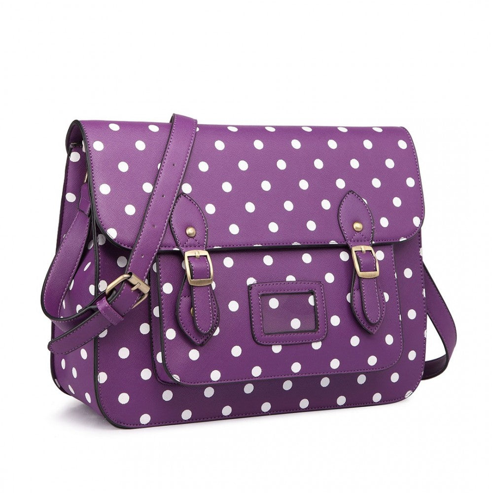 LT1665D2 - MISS LULU POLKA DOT LEATHER LOOK SCHOOL WORK SATCHEL PURPLE