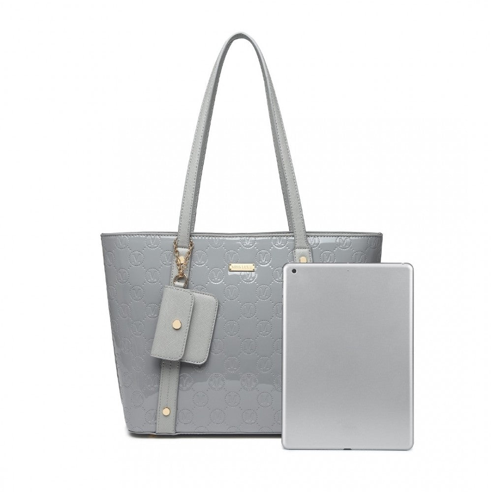 LD2217 - MISS LULU 4 PIECES GLOSSY LEATHER TOTE BAG SET - GREY