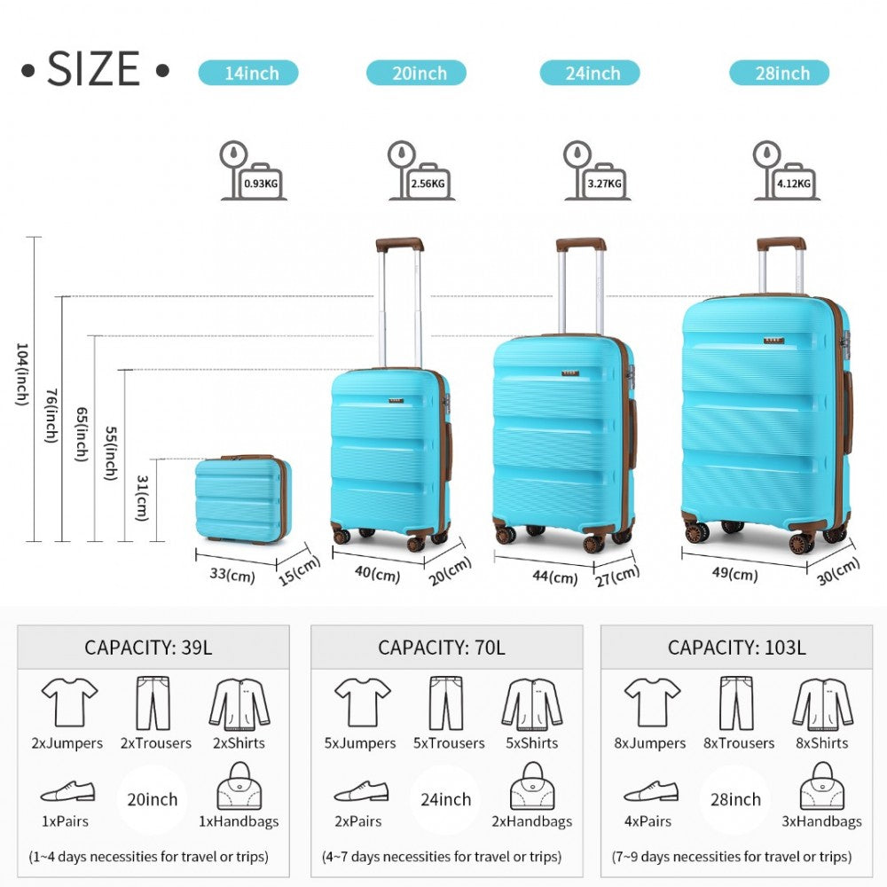 K2092L - KONO BRIGHT HARD SHELL PP SUITCASE WITH TSA LOCK AND VANITY CASE 4 PIECES SET - CLASSIC COLLECTION - BLUE AND BROWN