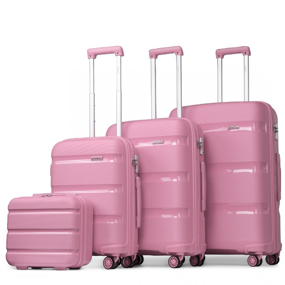 K2092L - KONO BRIGHT HARD SHELL PP SUITCASE WITH TSA LOCK AND VANITY CASE 4 PIECES SET - CLASSIC COLLECTION - PINK