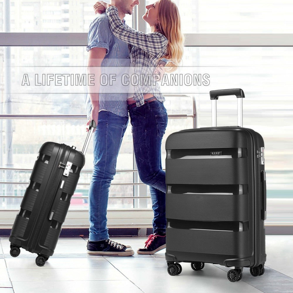 K2092L - KONO BRIGHT HARD SHELL PP SUITCASE WITH TSA LOCK AND VANITY CASE 4 PIECES SET - CLASSIC COLLECTION - BLACK