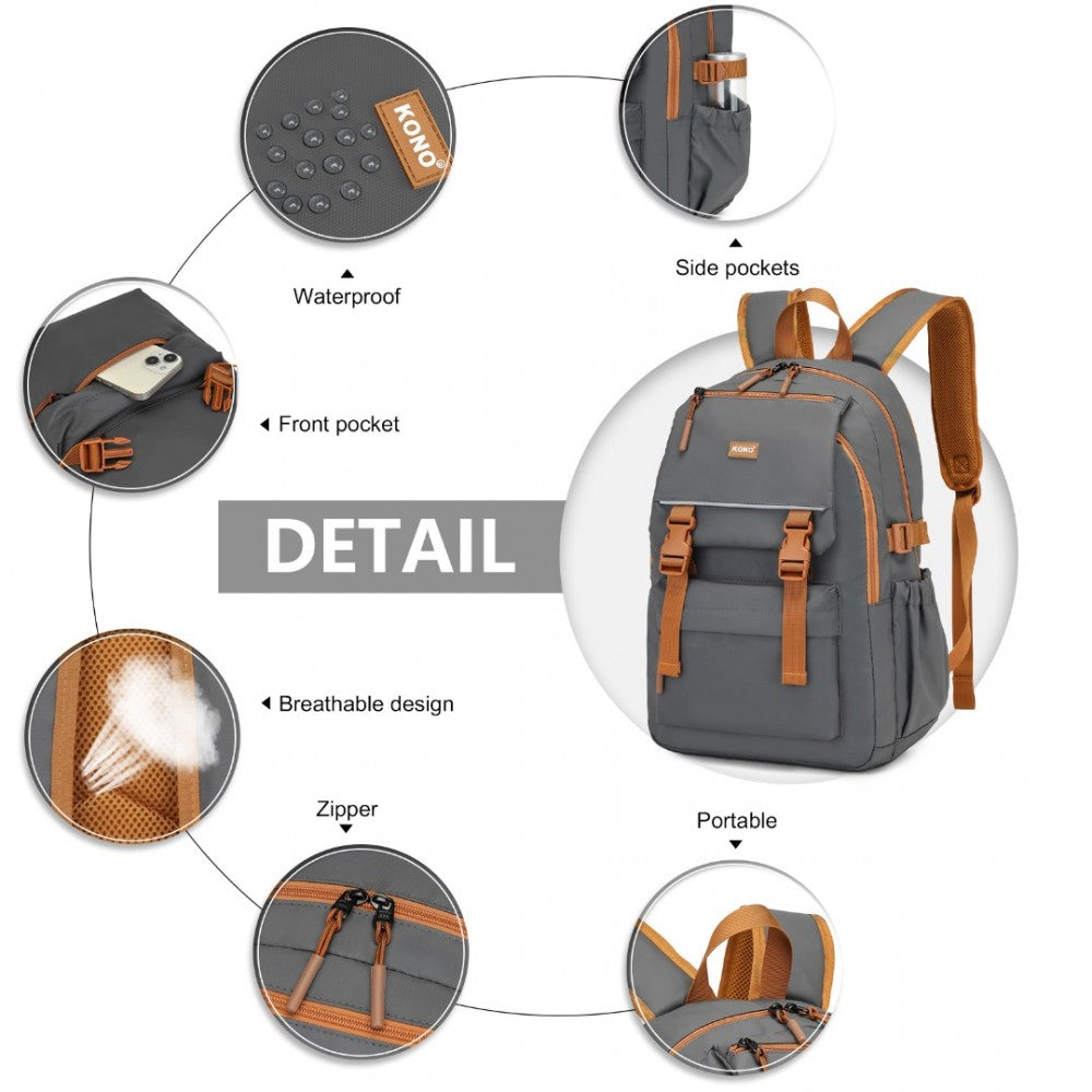 EQ2416 - KONO PVC COATED URBAN WATER-RESISTANT BACKPACK WITH REFLECTIVE SAFETY STRAPS AND MULTI-COMPARTMENT DESIGN - GREY AND BROWN