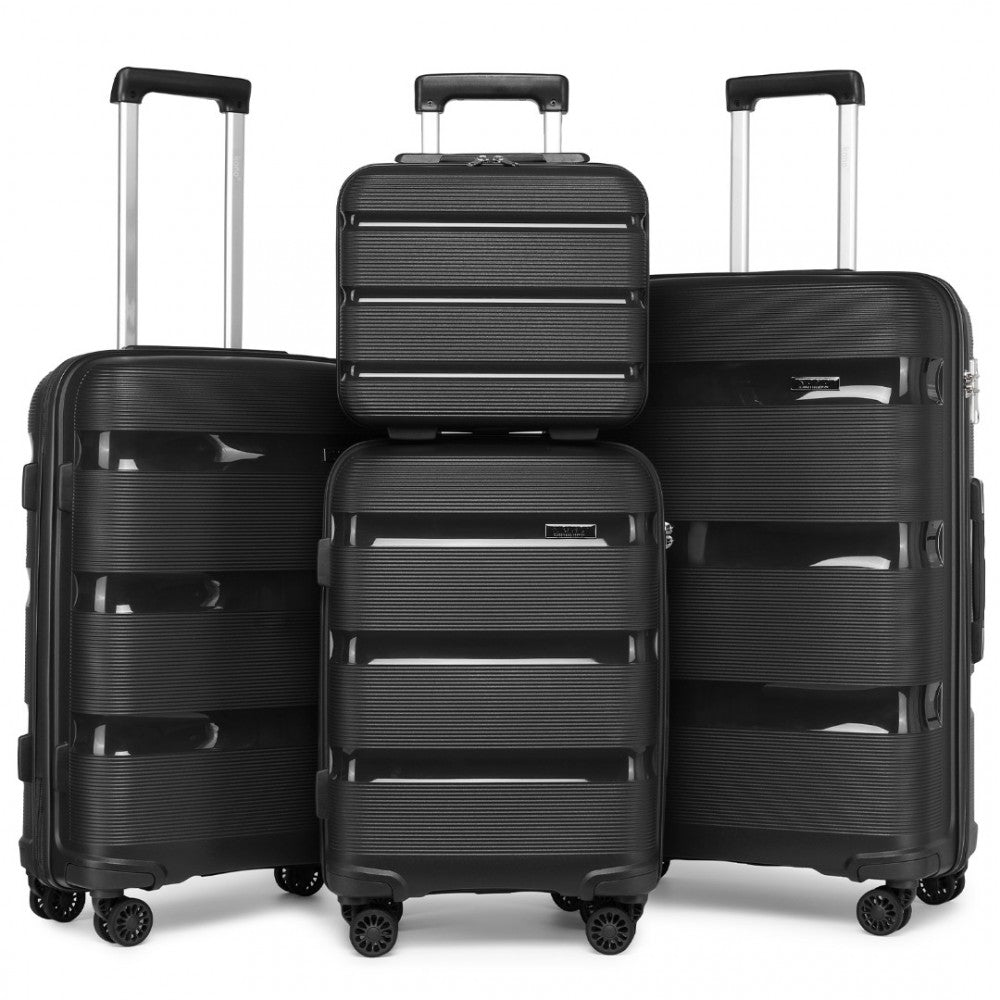 K2092L - KONO BRIGHT HARD SHELL PP SUITCASE WITH TSA LOCK AND VANITY CASE 4 PIECES SET - CLASSIC COLLECTION - BLACK