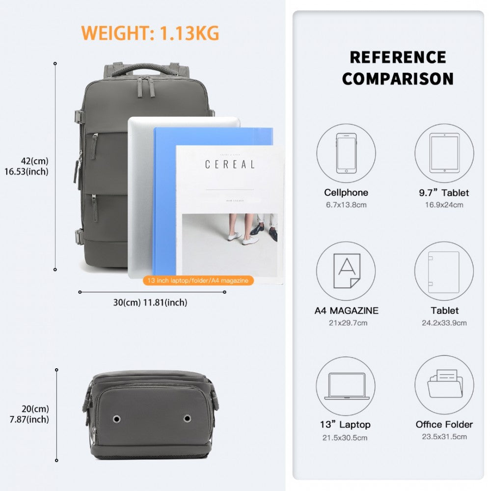 EQ2344 - KONO MULTI-FUNCTIONAL BREATHABLE TRAVEL BACKPACK WITH USB CHARGING PORT AND SEPARATE SHOE COMPARTMENT - GREY