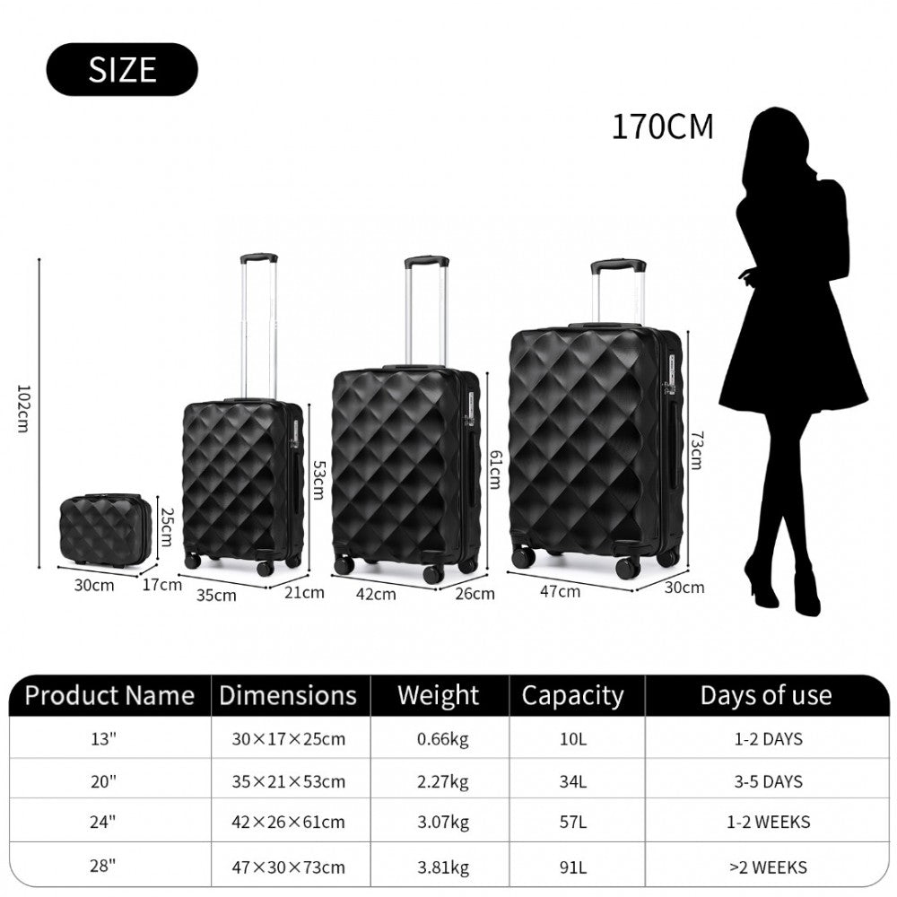 K2395L - BRITISH TRAVELLER ULTRALIGHT ABS AND POLYCARBONATE BUMPY DIAMOND 4 PCS LUGGAGE SET WITH TSA LOCK - BLACK