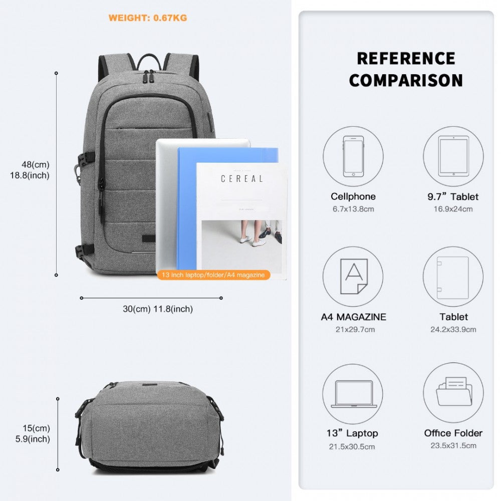 EM2347 - KONO MULTI-COMPARTMENT WATER-RESISTANT BACKPACK WITH USB CHARGING PORT - GREY