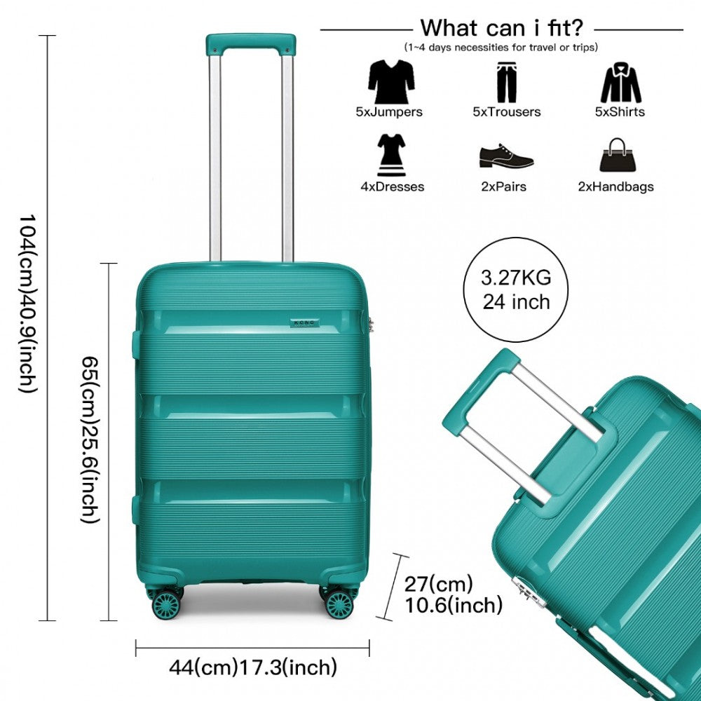 K2092L - KONO 24 INCH BRIGHT HARD SHELL PP SUITCASE - CLASSIC COLLECTION - BLUE/GREEN