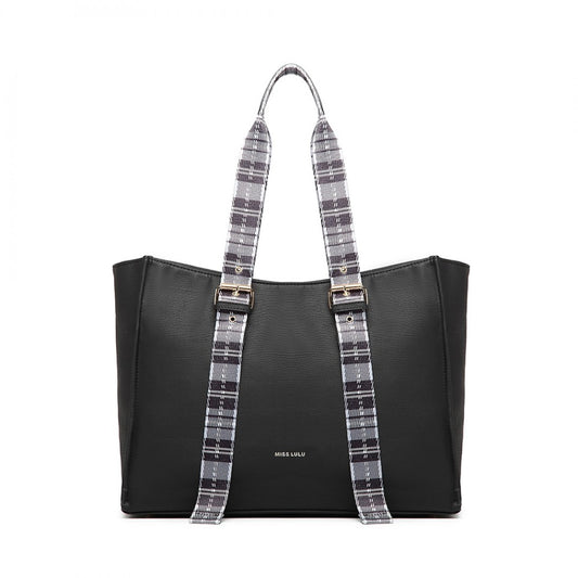 LH1924 - MISS LULU PLAID TARTAN STRAP SHOULDER BAG - BLACK