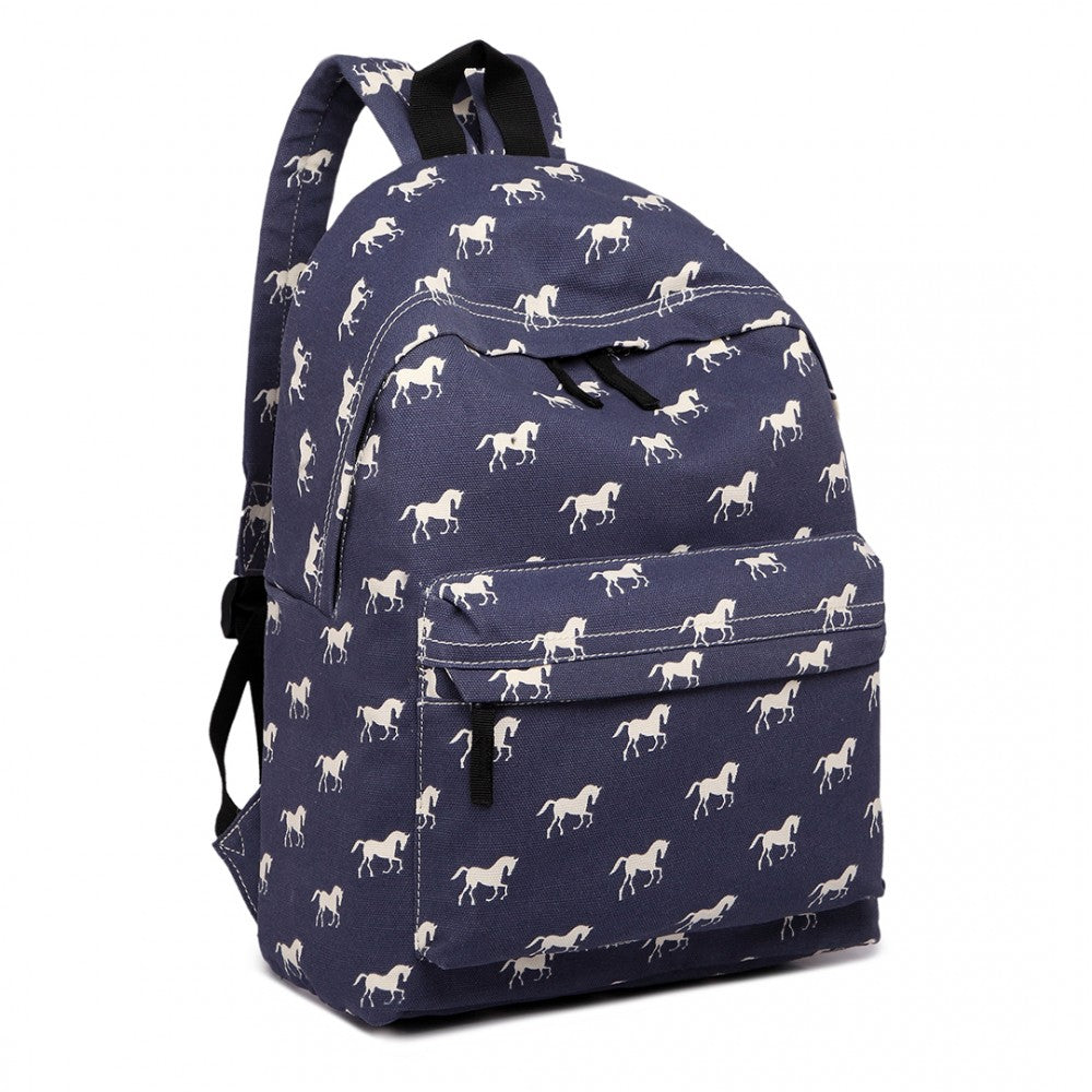 E1401H - MISS LULU HORSE-PRINT COTTON CANVAS SCHOOL BACKPACK - NAVY