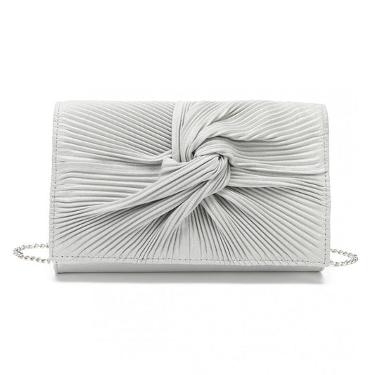 LH2252 - MISS LULU WOMEN'S PLEATED BOW EVENING BAG CLUTCH HANDBAG - SILVER