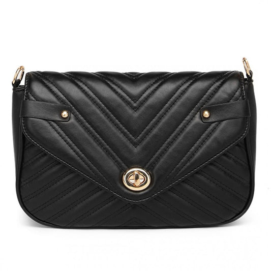 LB2138 - MISS LULU V-QUILTED FLAP LEATHER SHOULDER BAG - BLACK