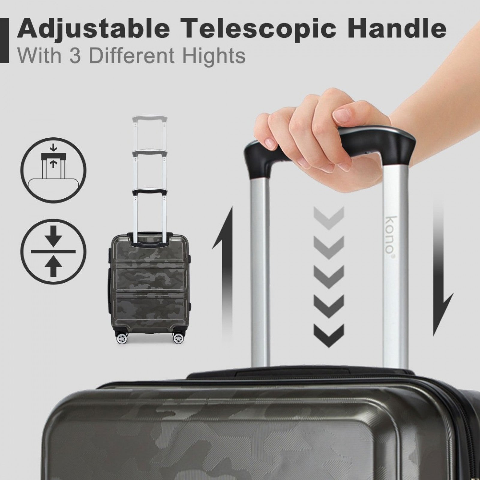 K1871-1L - KONO ABS 20 INCH SCULPTED HORIZONTAL DESIGN CABIN LUGGAGE - CAMOUFLAGE GREY AND BLACK - The Baggage Shop