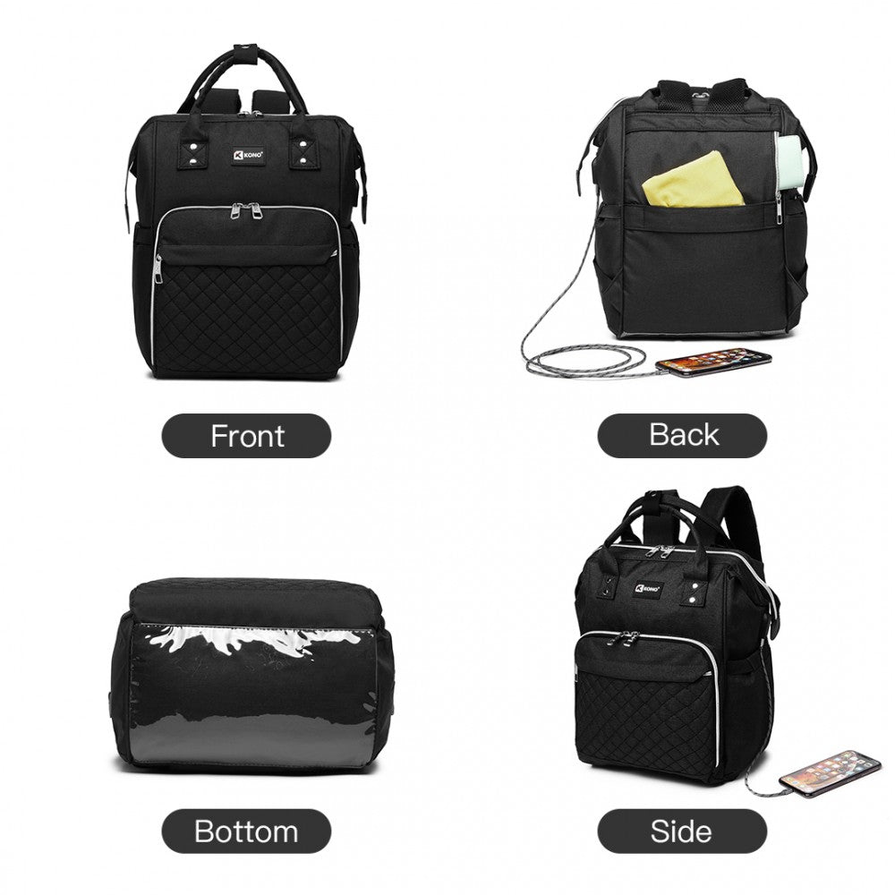 E6705USB - KONO PLAIN WIDE OPENING BABY NAPPY CHANGING BACKPACK WITH USB CONNECTIVITY - BLACK