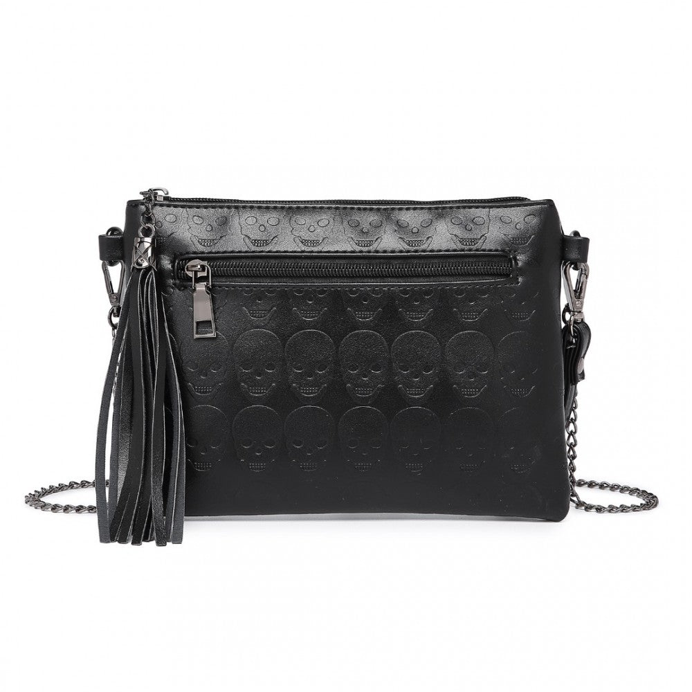 LH2412 - MISS LULU SOFT PU ULTRA-LIGHTWEIGHT CLUTCH BAG WITH SKULL EMBOSSING TASSEL DETAIL AND LONG CHAIN SHOULDER STRAP - BLACK