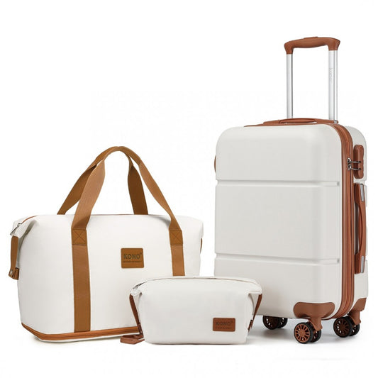 KSK2485+EA2212 - KONO 20 INCH PREMIUM ABS CABIN CARRY-ON SUITCASE SET WITH WEEKEND BAG AND TOILETRY BAG - CREAM AND BROWN